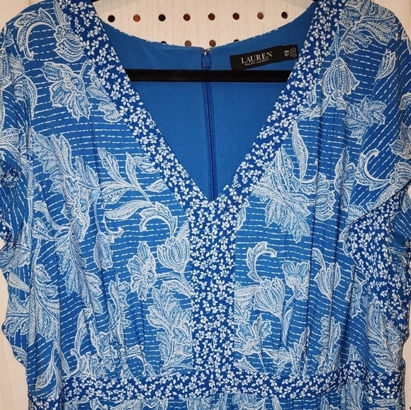 Lauren Ralph Laruen 18S Blue White Floral Peasant Flow Midi Flutter Sleeve - Picture 5 of 11